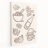 Large stretched canvas featuring a colorful illustration of various fruits and beverages, ideal for kitchen wall art.