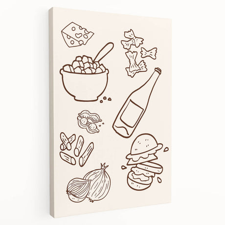 Large stretched canvas featuring a colorful illustration of various fruits and beverages, ideal for kitchen wall art.