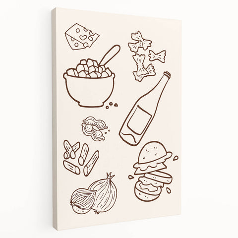 Large stretched canvas featuring a colorful illustration of various fruits and beverages, ideal for kitchen wall art.