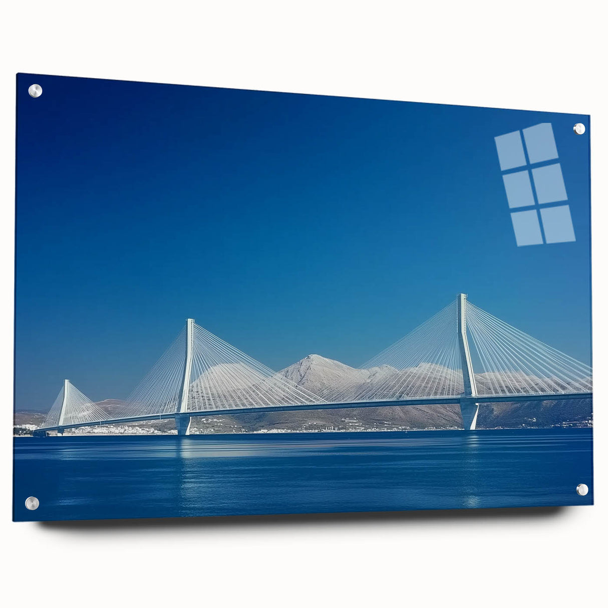Acrylic glass landscape bridge design showcasing a side view with unique pin details, perfect for modern home decor and artistic displays, emphasizing elegance and creativity.