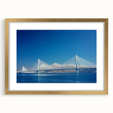 Elegant gold landscape bridge frame with mat, showcasing a scenic view, perfect for modern home decor or gallery walls, adding a touch of sophistication.