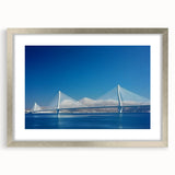 Silver landscape bridge frame with mat, showcasing a modern design suitable for home decor, highlighting its sleek finish and elegant presentation.