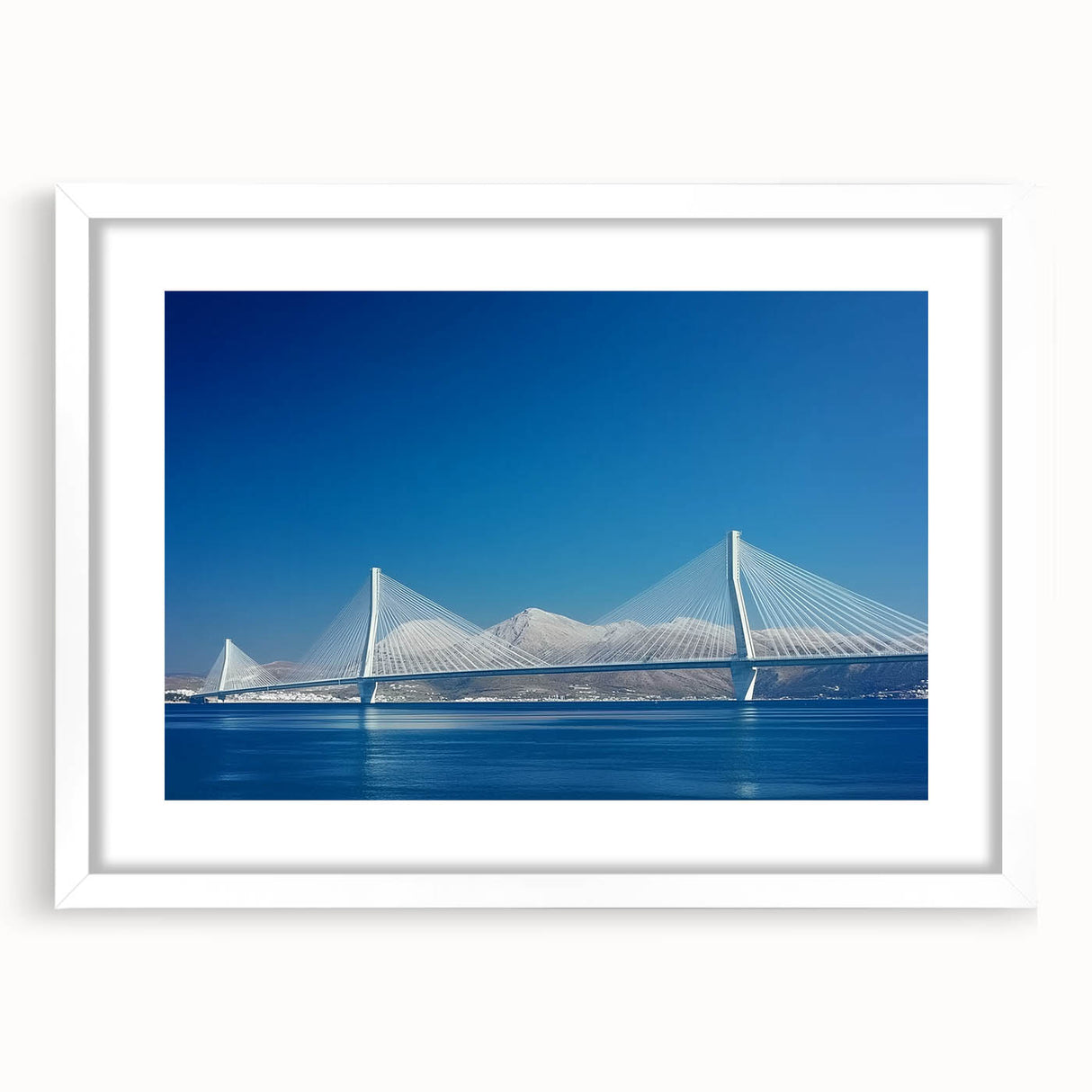 Landscape bridge frame in white with a mat, showcasing a scenic view, perfect for home decor. Ideal for displaying artwork or photographs in a stylish setting.
