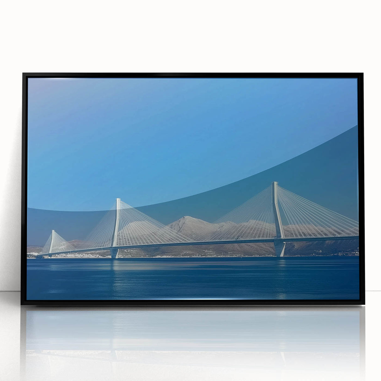 Framed acrylic artwork depicting a modern landscape bridge design in black, showcasing intricate details and a sleek front view, perfect for contemporary decor.