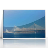 Framed acrylic artwork titled "Design 89," showcasing a serene landscape bridge scene with vibrant colors, perfect for modern home decor and interior design enthusiasts.