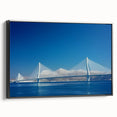 Framed canvas artwork depicting a serene landscape bridge scene in black tones, showcasing intricate details and vibrant colors, perfect for modern home decor.
