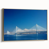 Framed canvas artwork depicting a serene landscape bridge with golden accents, showcasing vibrant colors and intricate details, ideal for home decor.