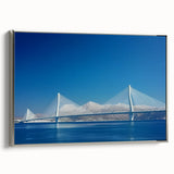 Framed canvas artwork showcasing a serene landscape bridge scene with vibrant colors, silver frame, and artistic detailing, perfect for home decor enhancement.