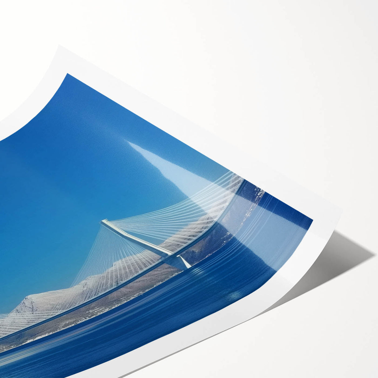 Rolled print showcasing a vibrant landscape bridge design, featuring rich colors and intricate details, securely packaged in a durable cardboard tube for safe delivery.