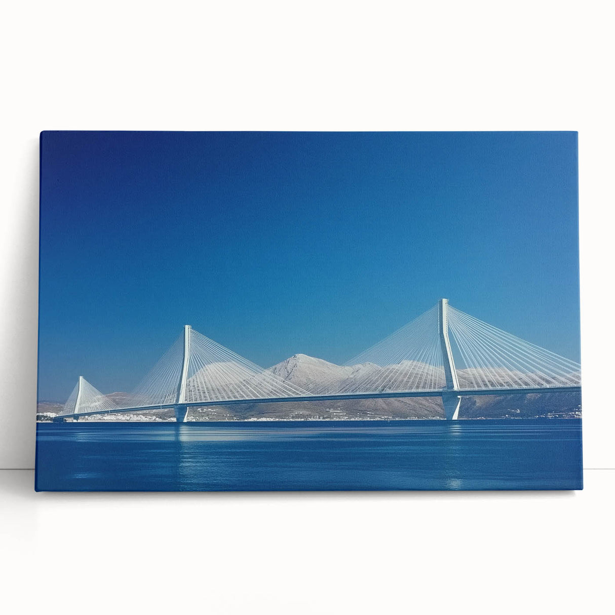 Stretched canvas artwork depicting a serene landscape bridge scene, featuring vibrant colors and intricate details, ideal for home decor and art enthusiasts.