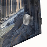 Close-up of a vibrant acrylic glass artwork showcasing a stunning landscape of canyons, highlighting rich colors and intricate details, perfect for home decor.