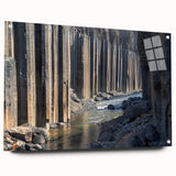 Acrylic glass art piece showcasing a vibrant landscape of canyons, featuring rich colors and detailed textures, displayed in a side view with decorative pins.