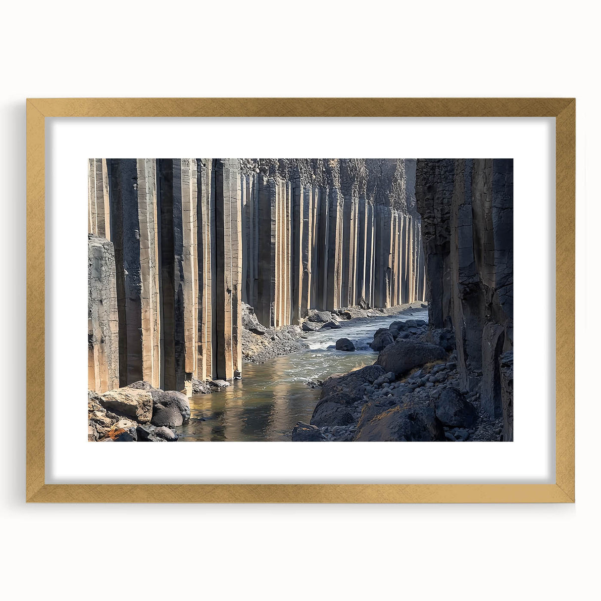 Elegant gold-framed landscape artwork featuring vibrant canyons and dramatic rock formations, matted for a refined presentation, ideal for home decor. Perfect for adding a touch of nature-inspired elegance to living spaces.
