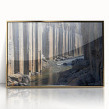 Framed acrylic artwork showcasing a vibrant landscape of canyons in rich gold tones, perfect for enhancing modern home décor in living spaces or offices.