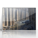 Framed acrylic artwork showcasing a stunning landscape of canyons, featuring vibrant colors and intricate details, set in a sleek white frame, perfect for home decor.