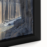 Close-up of a framed canvas depicting vibrant, abstract landscape canyons in earthy tones, showcasing intricate textures and natural details, ideal for modern home decor.