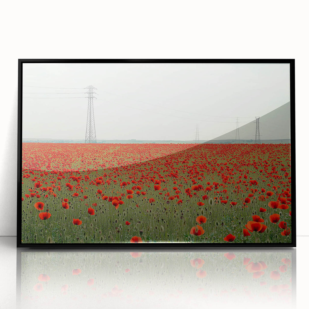 Framed acrylic landscape artwork showcasing a serene countryside scene with lush green fields and a clear blue sky, presented in a sleek black frame, perfect for home decor.