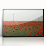 Framed acrylic landscape artwork showcasing a serene countryside scene with lush green fields and a clear blue sky, presented in a sleek black frame, perfect for home decor.