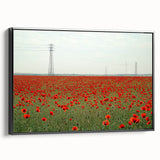 Framed black canvas showcasing a serene countryside landscape with rolling hills, vibrant greenery, and a clear blue sky, enhancing home decor with natural beauty.