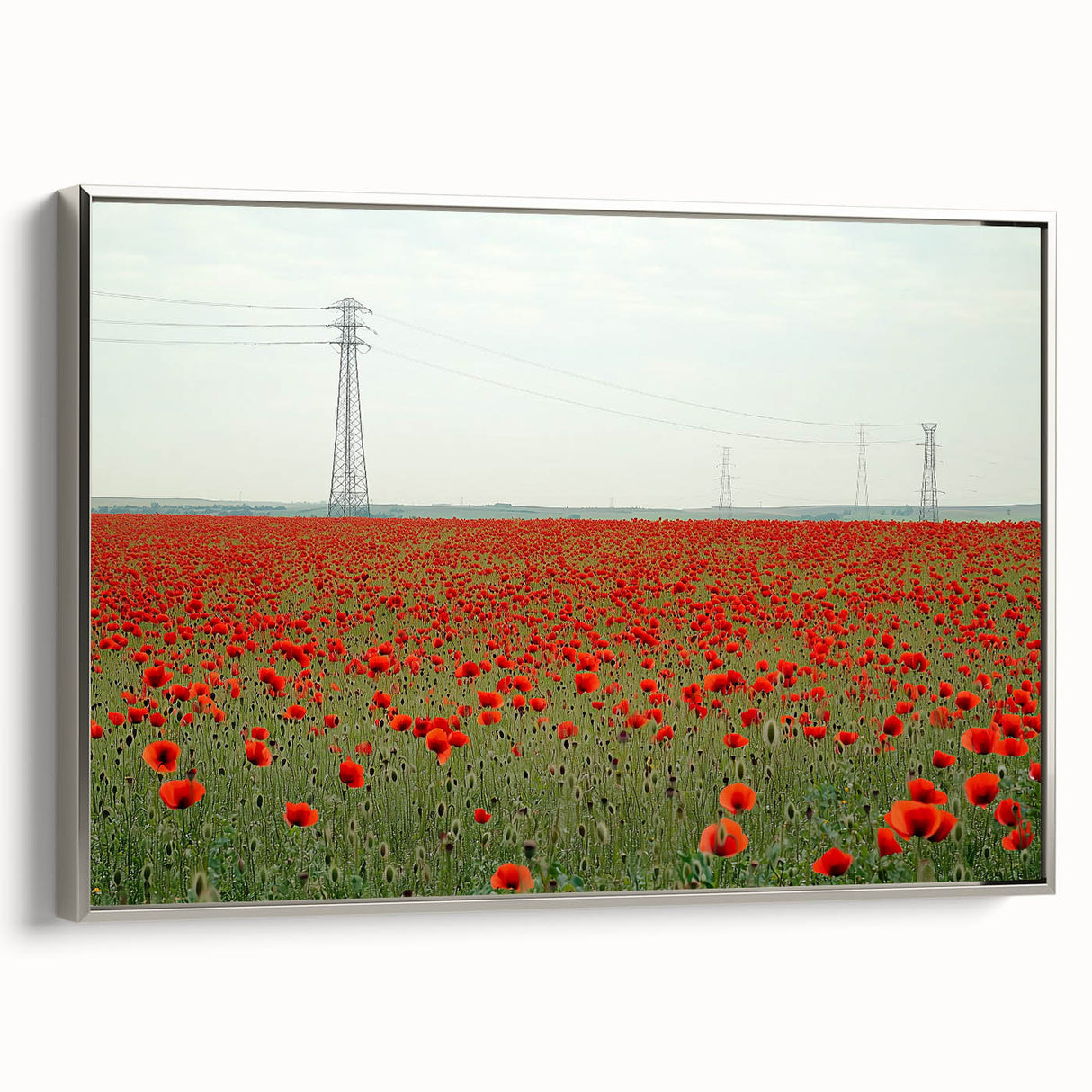 Framed canvas artwork depicting serene countryside landscapes, featuring vibrant green fields and rolling hills, presented in a sleek silver frame, ideal for home decor.