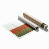 Rolled print showcasing a serene countryside landscape with vibrant green fields, blue skies, and rolling hills, elegantly packaged in a protective cardboard tube.