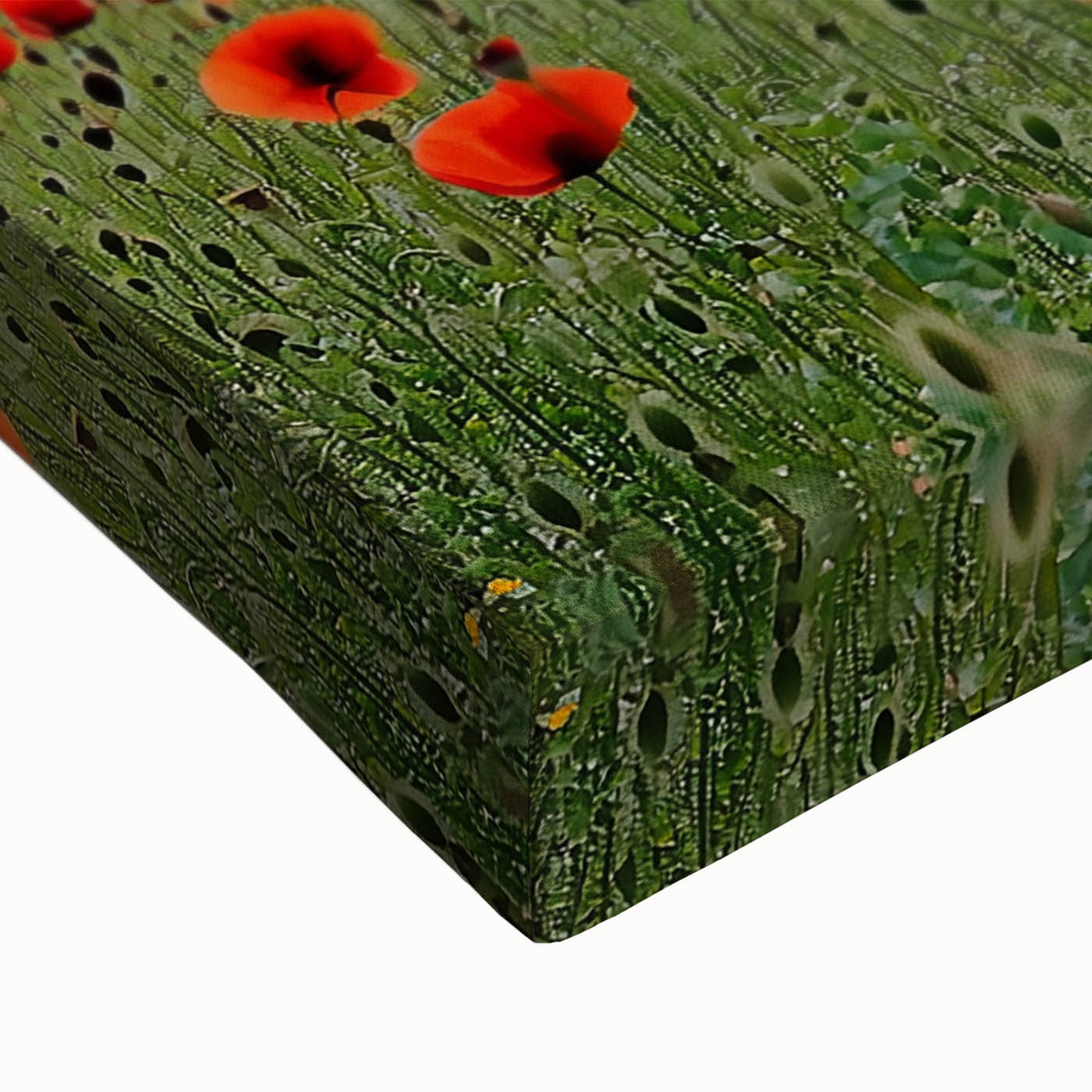Close-up of a stretched canvas artwork depicting vibrant countryside landscapes, showcasing rich greens and blues, ideal for home decor and nature lovers.