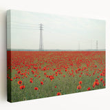 Stretched canvas artwork depicting a serene countryside landscape, featuring rolling hills, vibrant greenery, and a clear blue sky, ideal for home decor.