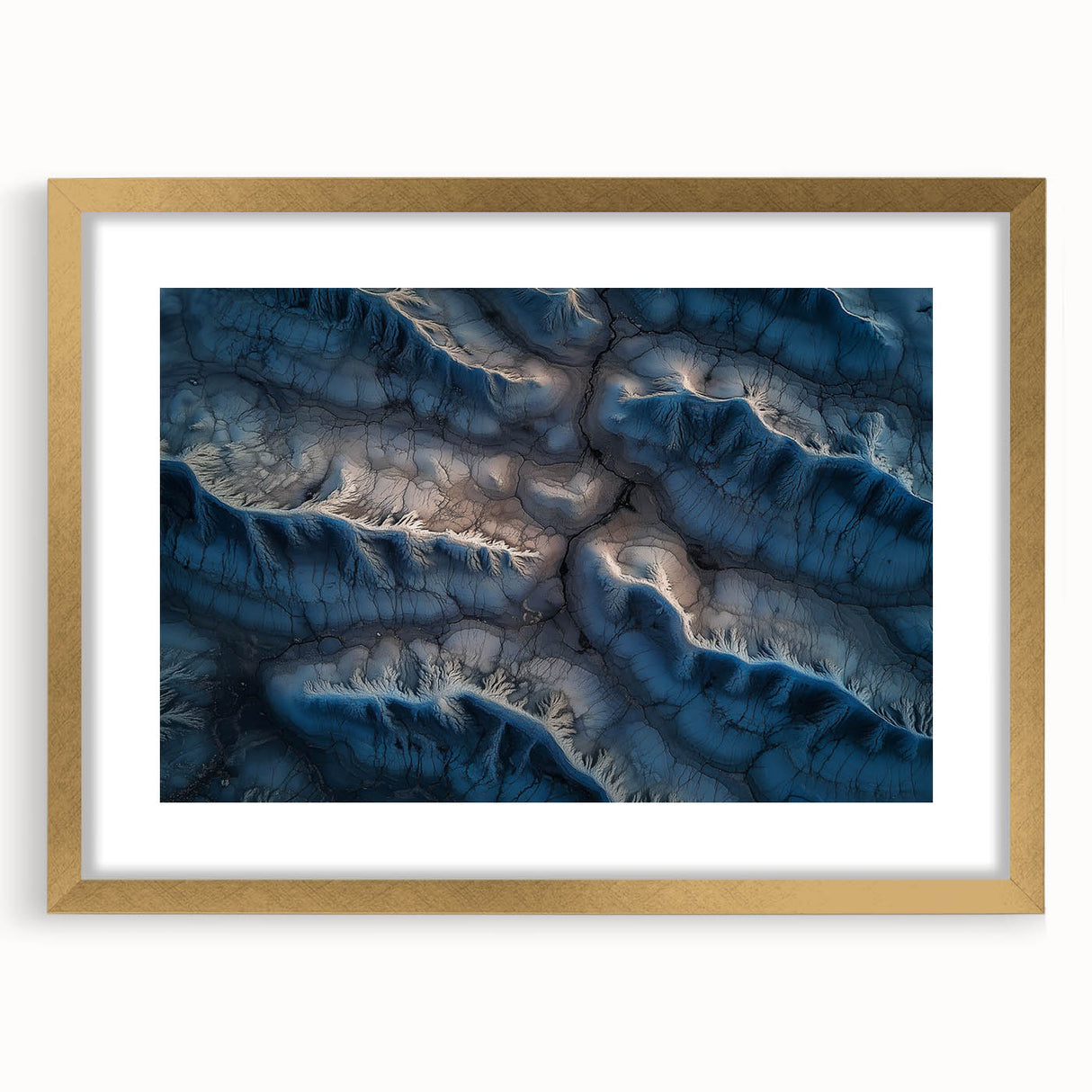 Elegant desert landscape framed art print with a gold mat, showcasing warm hues of sandy browns and soft blues, perfect for home decor or office ambiance.