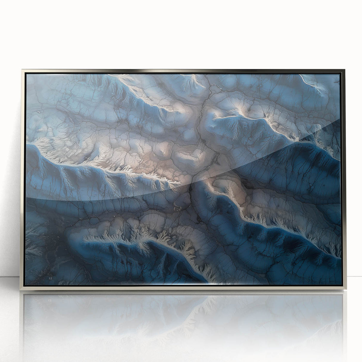 Framed acrylic artwork depicting a serene desert landscape in shades of gold and orange, perfect for home or office decor, enhancing any interior space.