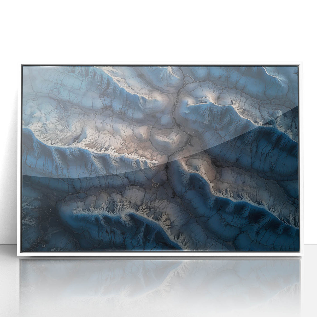 Framed acrylic artwork depicting a vibrant desert landscape, featuring warm tones of orange and yellow, accented by subtle blue skies, ideal for modern home decor.