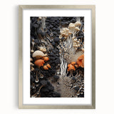 Textured abstract art print featuring natural elements in muted earth tones, presented in a silver frame with mat.
