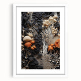 Abstract art print featuring natural close-up elements in muted earth tones, framed with a white mat.