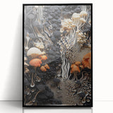 Large abstract wall art in black and white, framed in acrylic, featuring mid-century modernist patterns.