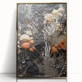 Large art print of natural close-up elements in muted earth tones, framed in gold acrylic, suitable for modern nursery decor.