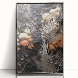 Mid-century modernist art featuring abstract shapes in muted earth tones on a silver-framed acrylic print.