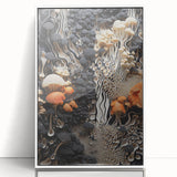 Art deco poster featuring close-up elements of nature in muted green and white tones, acrylic print in white frame.