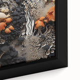 Textured black wall art featuring colorful abstract elements on a large framed canvas, ideal for living room decor.
