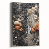 Landscape art painting featuring a vibrant array of colorful elements on a black background, framed in silver.