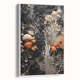 Vintage poster art of colorful natural elements on a large framed canvas, ideal for living room decor.