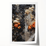 Extra large rolled print of a floral art featuring close-up, natural elements in muted earth tones.