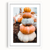 Abstract art print featuring warm autumnal tones on a white framed mat, ideal for dining room or bedroom decor.