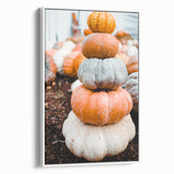 Vintage poster art of autumn trees in vibrant orange and red hues on extra large framed canvas, ideal for living room decor.