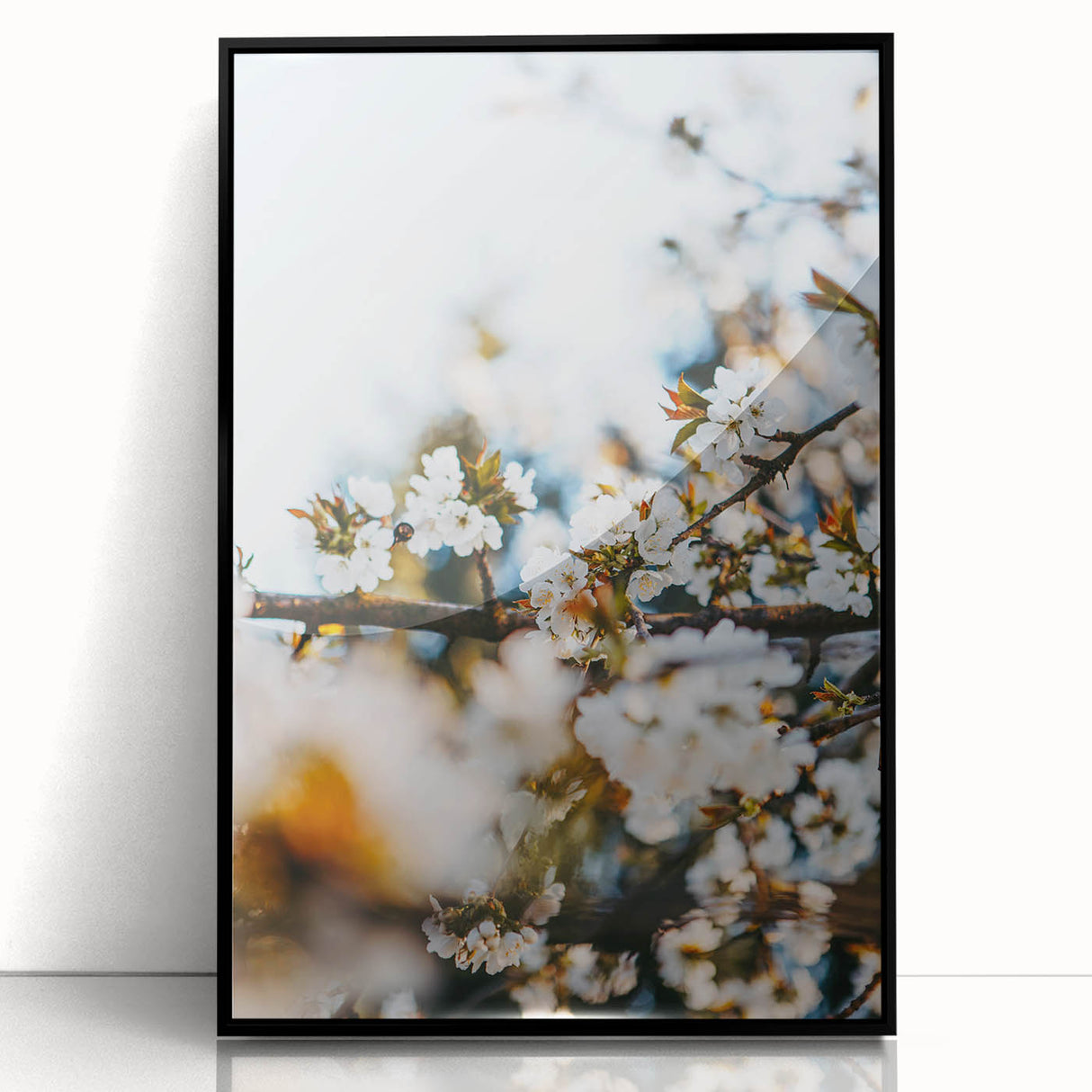 Large abstract wall art in muted green and beige tones, framed in black acrylic, suited for a modern living room.