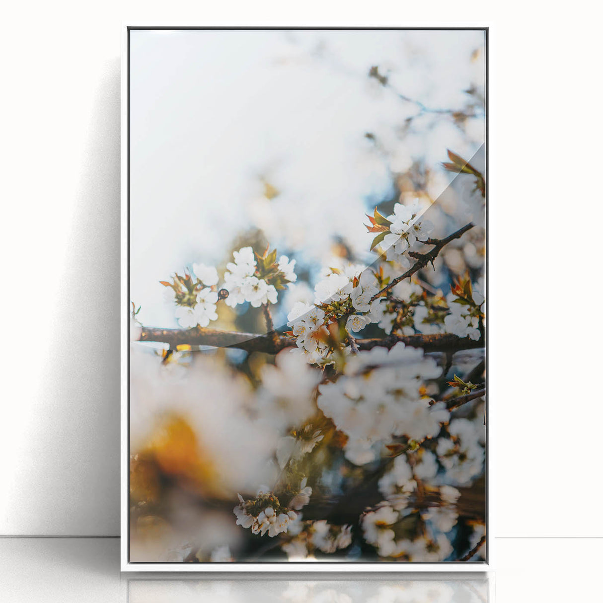 Art deco poster featuring a stylized spring motif in pastel colors on white acrylic, framed, suitable for nursery wall art.