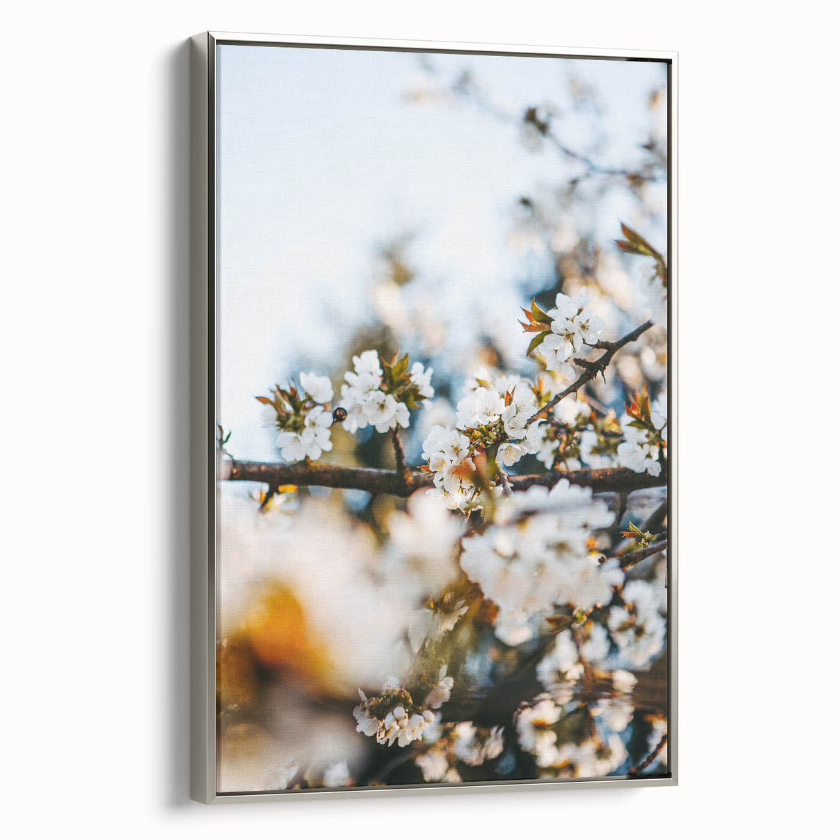 Framed canvas landscape art painting depicting spring, featuring vibrant colors on a black background.