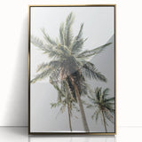 Large art print of a mid-century modernist summer scene in vibrant gold and green tones on framed acrylic.