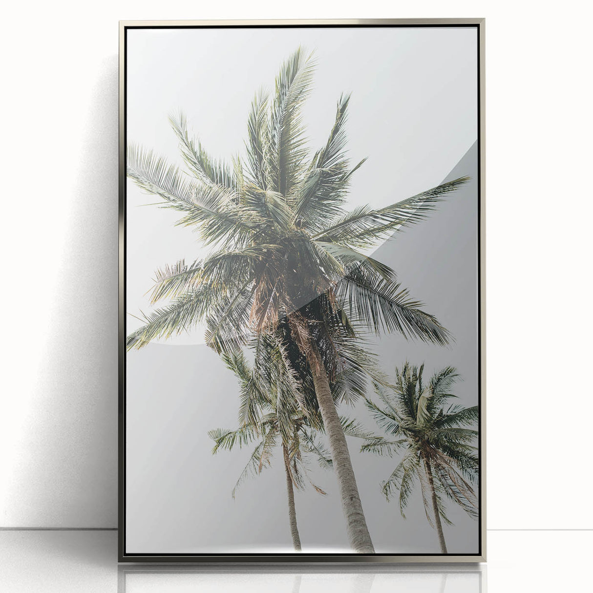 Mid-century modernist art featuring a summer theme in vibrant orange and yellow tones, acrylic print in a silver frame.