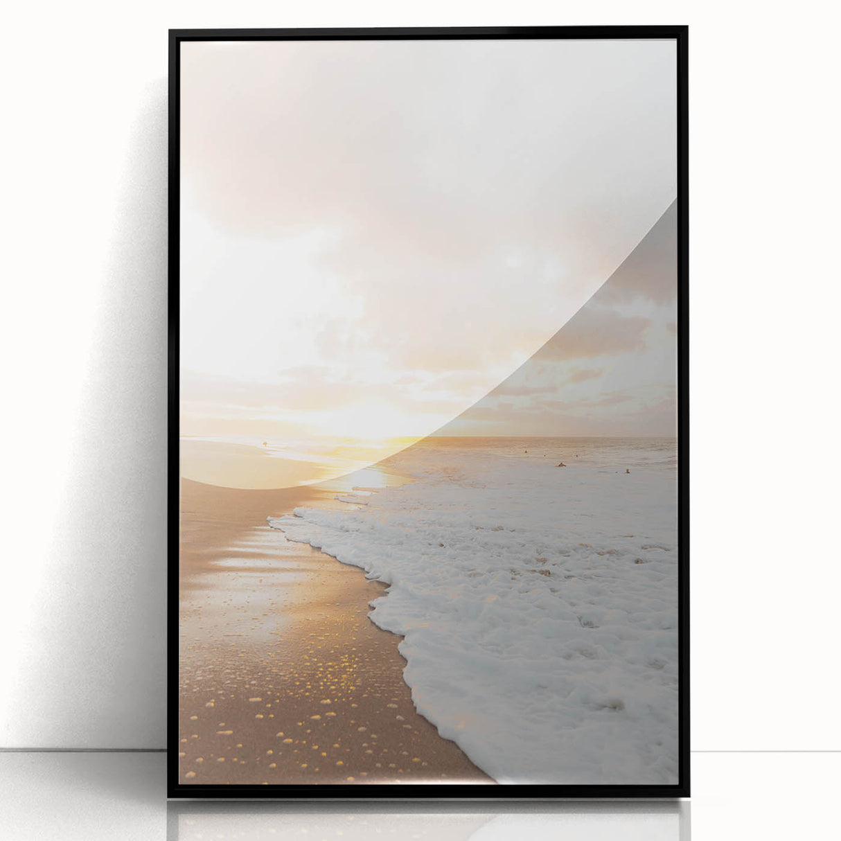 Large abstract wall art featuring swirls of orange and teal on a black acrylic print, ideal for modern living room decor.