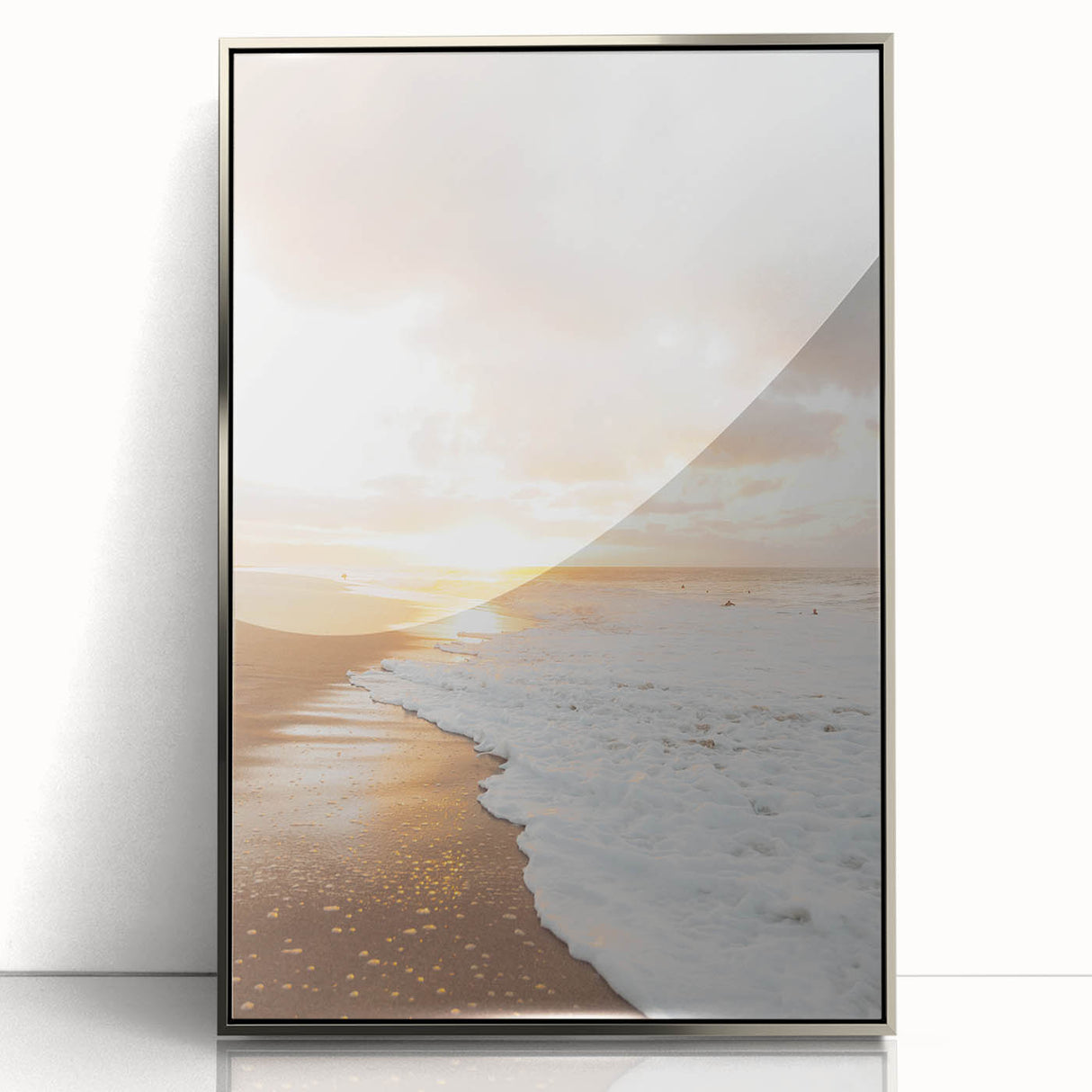 Mid-century modernist art featuring geometric shapes in pastel colors on a silver-framed acrylic print.