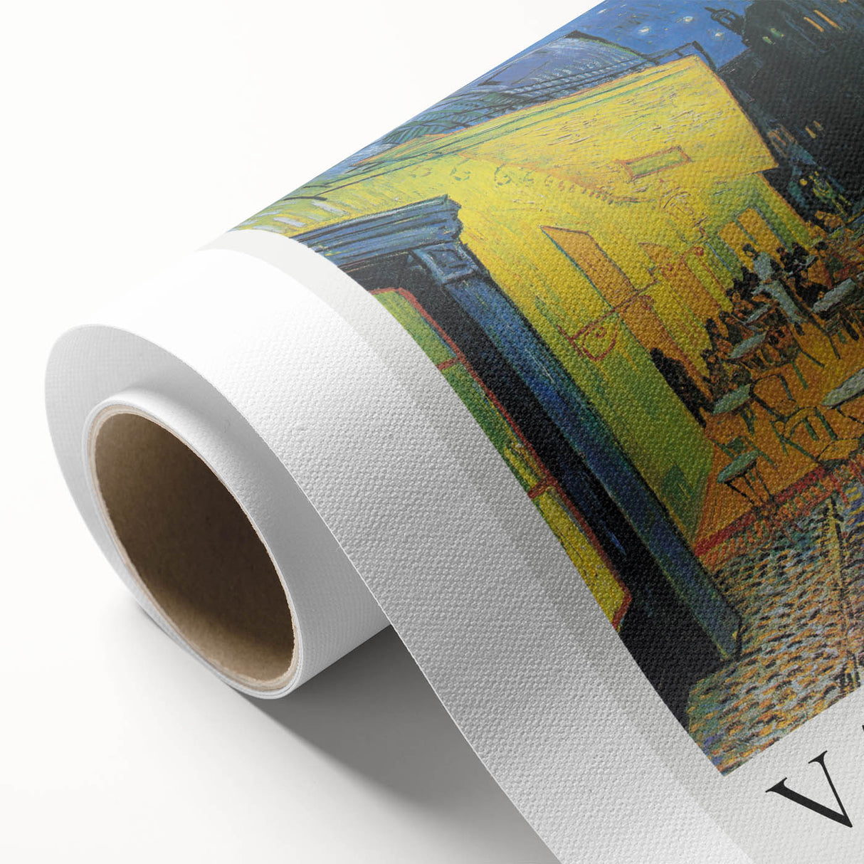 Art deco poster of a starry night scene with swirling blues and yellows on rolled canvas, ideal for nursery wall art.